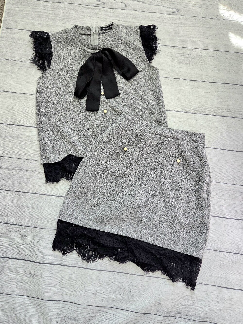Grey and black lace skirt and top set